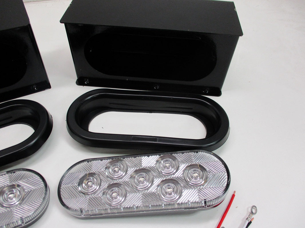 Black Steel Oval Mounting Boxes / 6" Clear Red LED Brake Stop Turn Tail Lights
