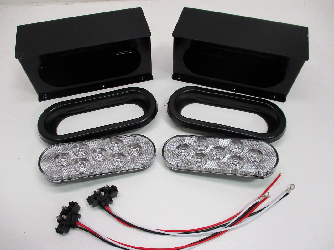 Black Steel Oval Mounting Boxes / 6" Clear Red LED Brake Stop Turn Tail Lights