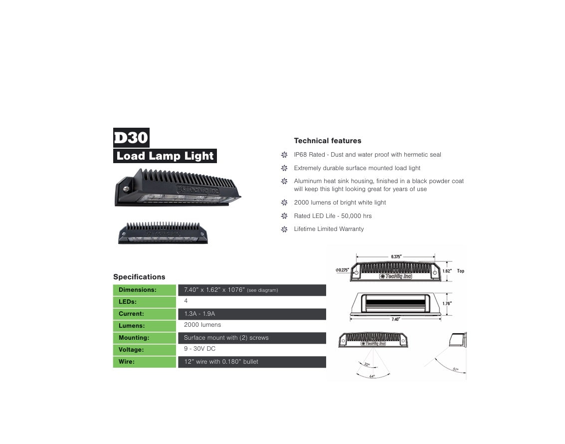 Heavy Duty Cast Aluminum LED Load Ramp Light. 2000 Lumen Output 9-12V DC