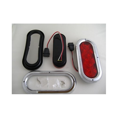 Red 10 LED 6" Oval Trailer Truck Stop Turn Brake Tail Light Kits / Chrome Bezels