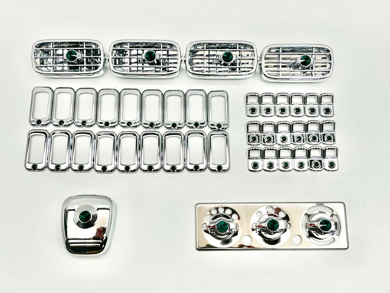 Chrome Plastic Trim Kit W/Green Diamond, Jewels. Fits 2006 and Newer Peterbilt