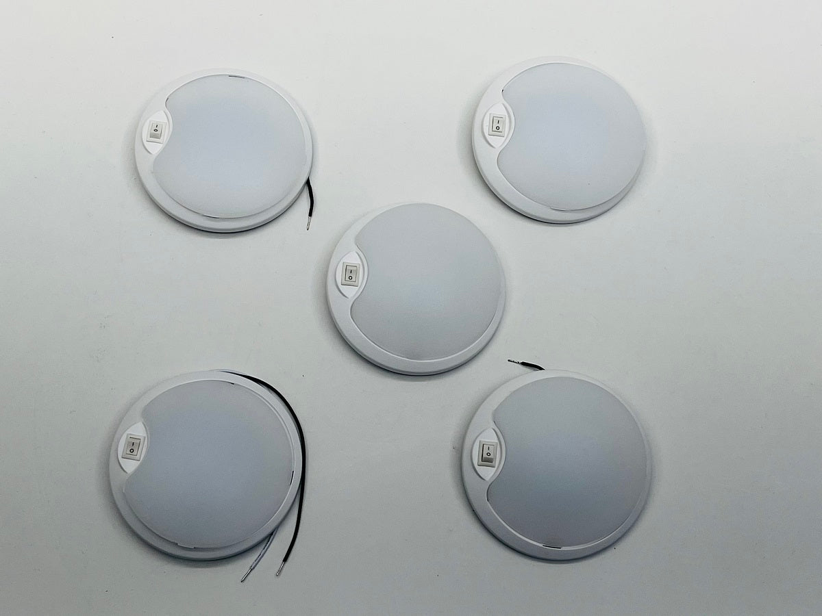(5) White LED White Base 4.5 inch Round Camper RV Trailer Dome Lights / Switch