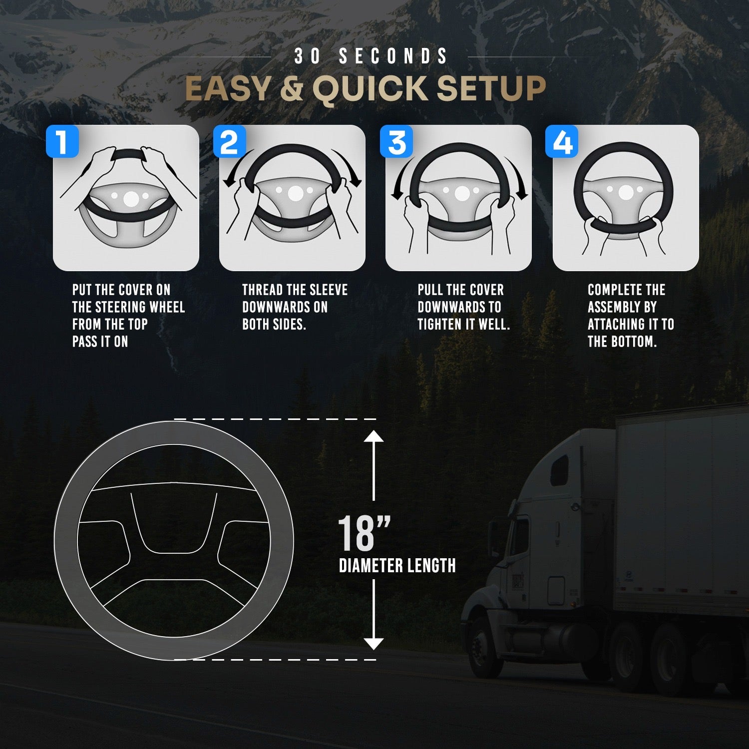 18" Truck Semi Steering Wheel Cover / Black Faux Leather / 2 Tone - Blue Accent