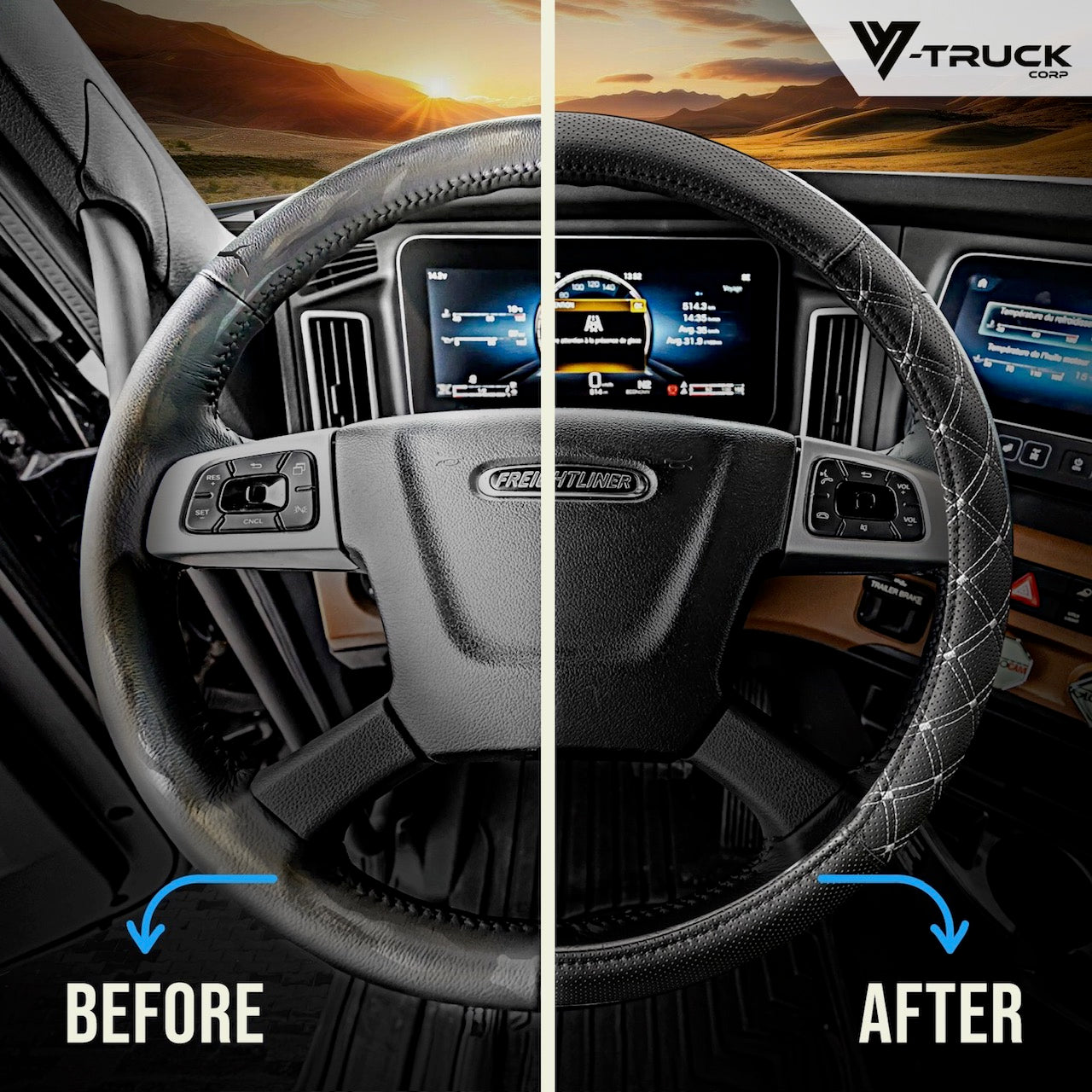 18" Truck Semi Steering Wheel Cover / Black Faux Leather / 2 Tone - Blue Accent