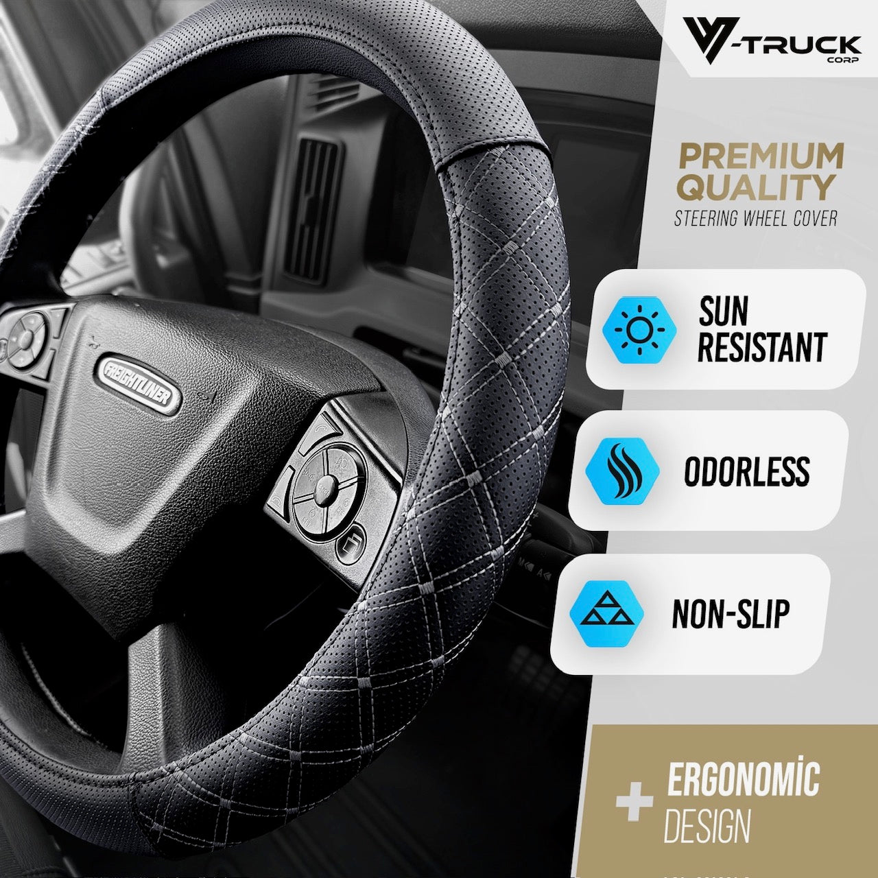 18" Truck Semi Steering Wheel Cover / Black Faux Leather / 2 Tone - Blue Accent