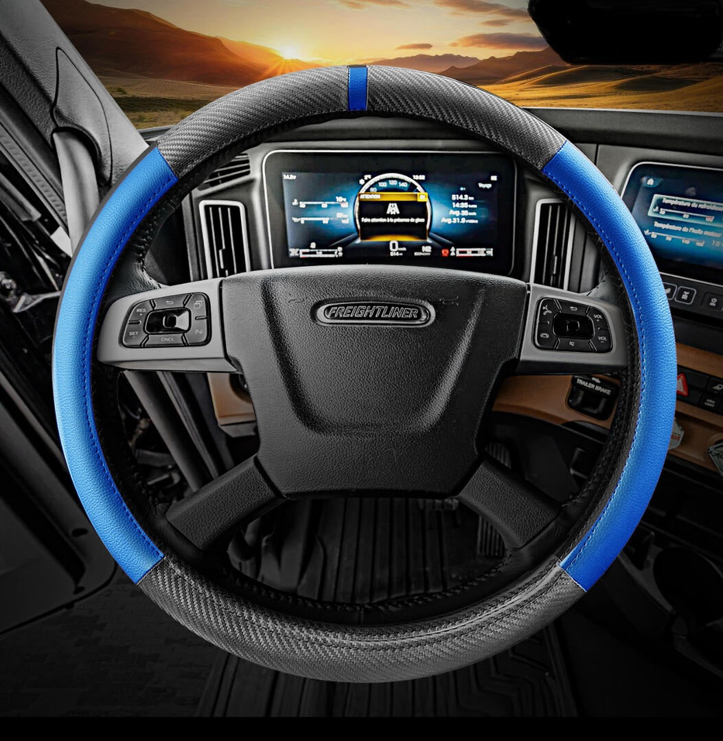18" Truck Semi Steering Wheel Cover / Black Faux Leather / 2 Tone - Blue Accent