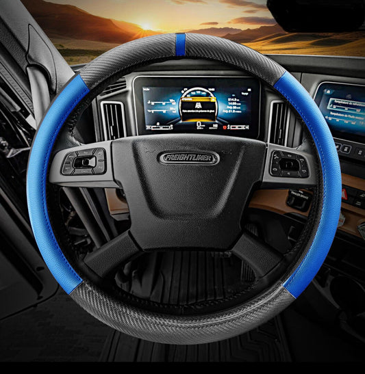 18" Truck Semi Steering Wheel Cover / Black Faux Leather / 2 Tone - Blue Accent