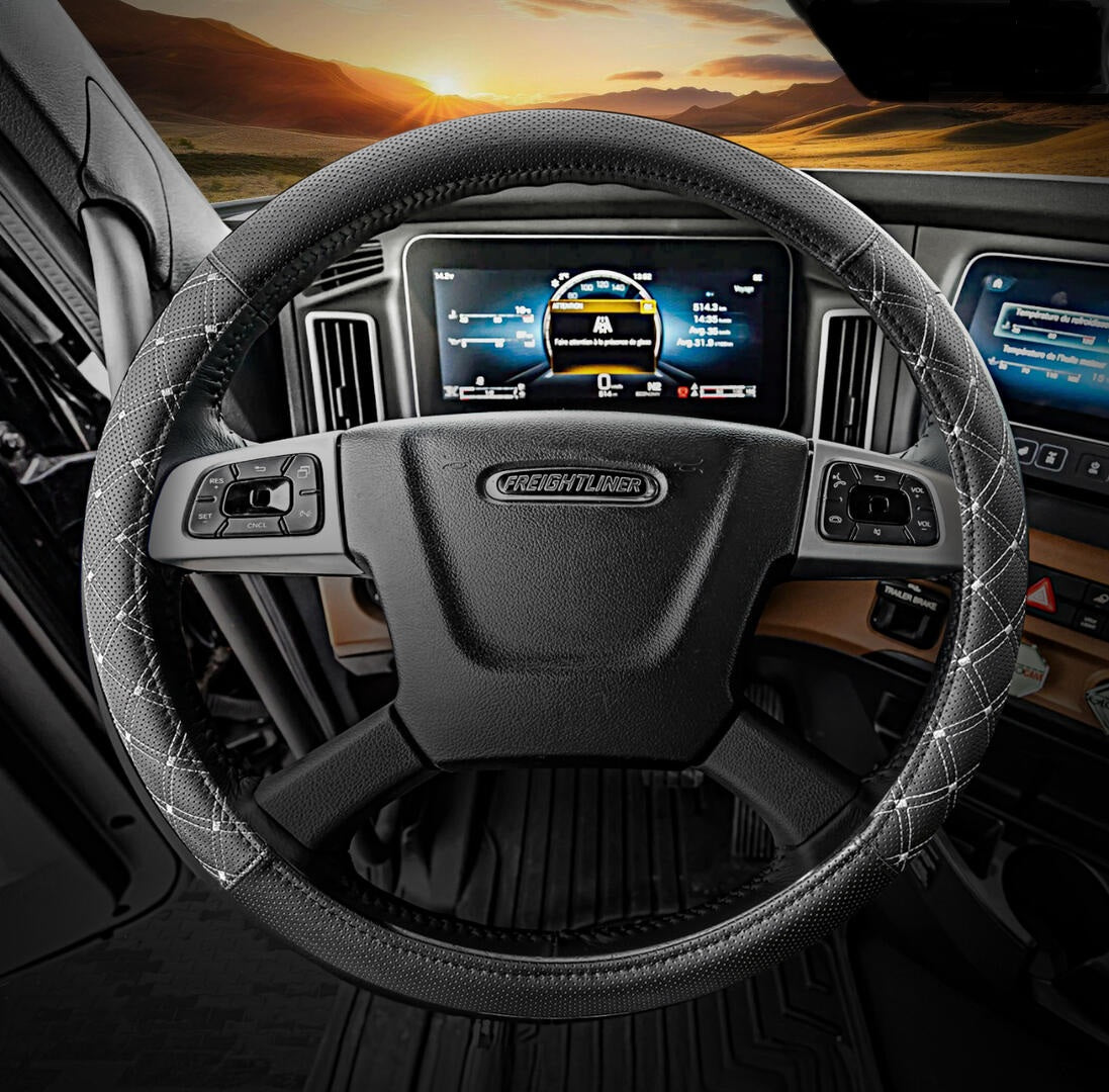 18" Truck Semi Steering Wheel Cover / Black Faux Leather / Grey Accent Stitching