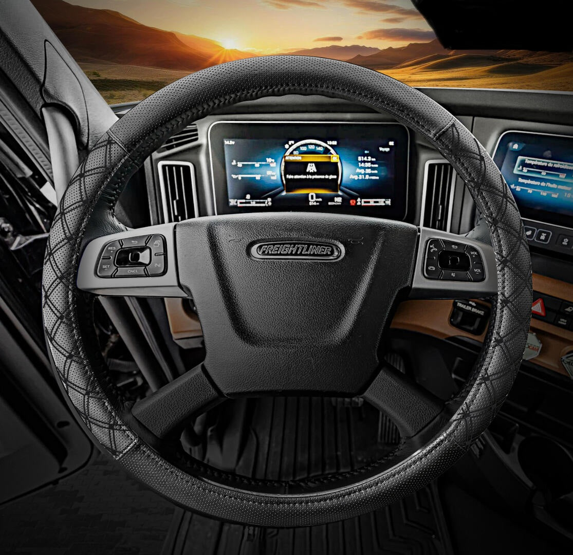 18" Truck Semi Steering Wheel Cover / Black Faux Leather / Black Stitching