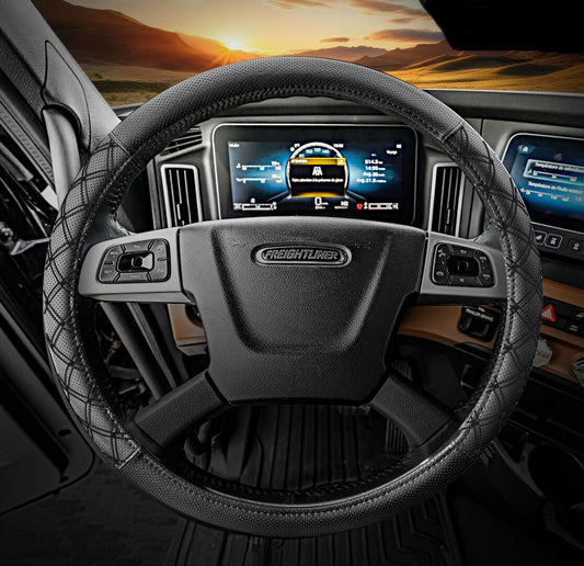 18" Truck Semi Steering Wheel Cover / Black Faux Leather / Black Stitching