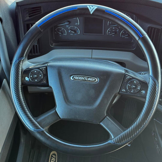 18" Truck Semi Steering Wheel Cover / Black Faux Leather / Slight Blue Accents