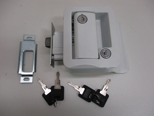 RV Camper Trailer White Entry Door Handle Latch Keyed Lock w/ Deadbolt / 4 Keys
